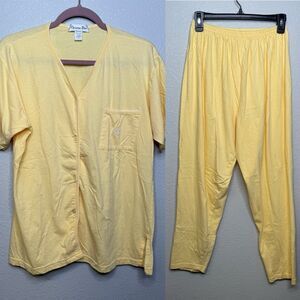 Vtg Christian Dior Pajama Set Yellow Cotton Button-Up top & Pants Size Small
